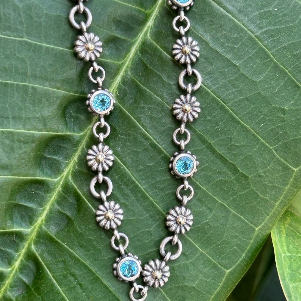 Vintage Lagos Caviar Sterling Silver 18k Yg Blue Topaz Daisy Flower Necklace